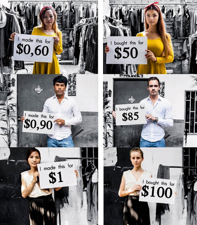 Comparison showcasing the reality behind fast fashion sweatshop