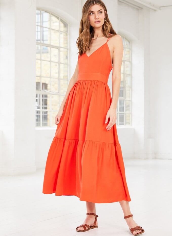 Consumer wearing a sustainable Tencel dress made with rayon fabric