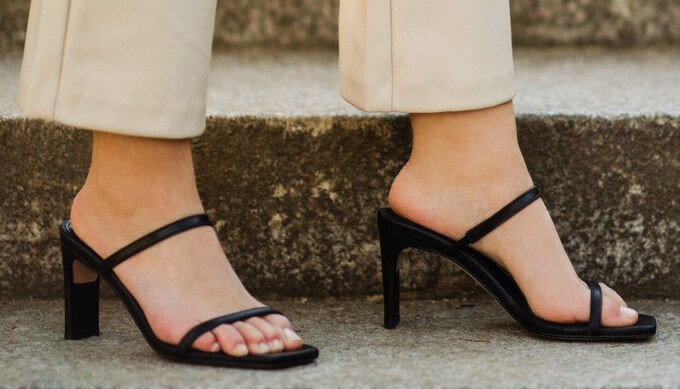 Model wearing some sustainable high heels