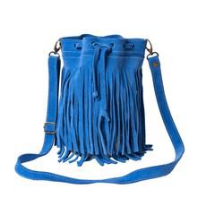 "Delia" Suede Leather Fringe Bucket Bag in Light Blue from Abury