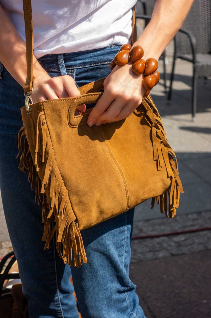 "Sanna" Suede Leather Mini Fringe Bag in Brown from Abury