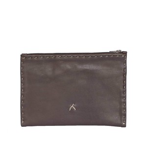 Embroidered Leather Pouch in Dark Brown, Beige from Abury