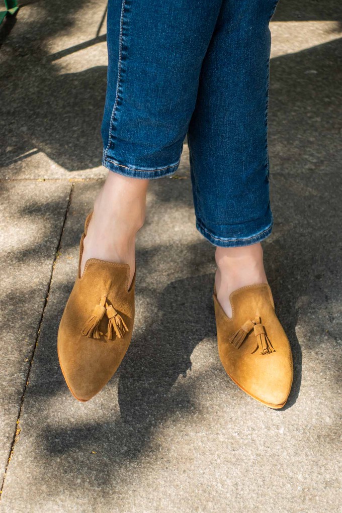 Suede Leather Pompom Mules in Brown from Abury