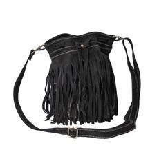 "Delia" Suede Leather Fringe Bucket Bag in Black from Abury