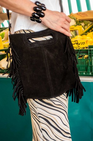 "Sanna" Suede Leather Mini Fringe Bag in Black from Abury