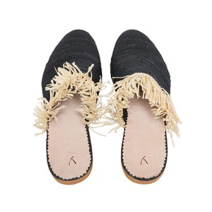 Raffia Slippers with Fringes in Black, Beige from Abury