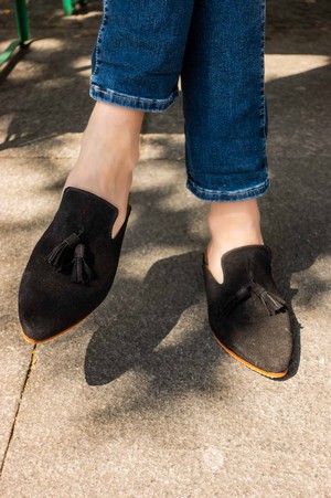 Suede Leather Pompom Mules in Black from Abury