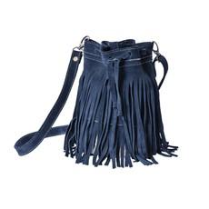 "Delia" Suede Leather Fringe Bucket Bag in Dark Blue from Abury