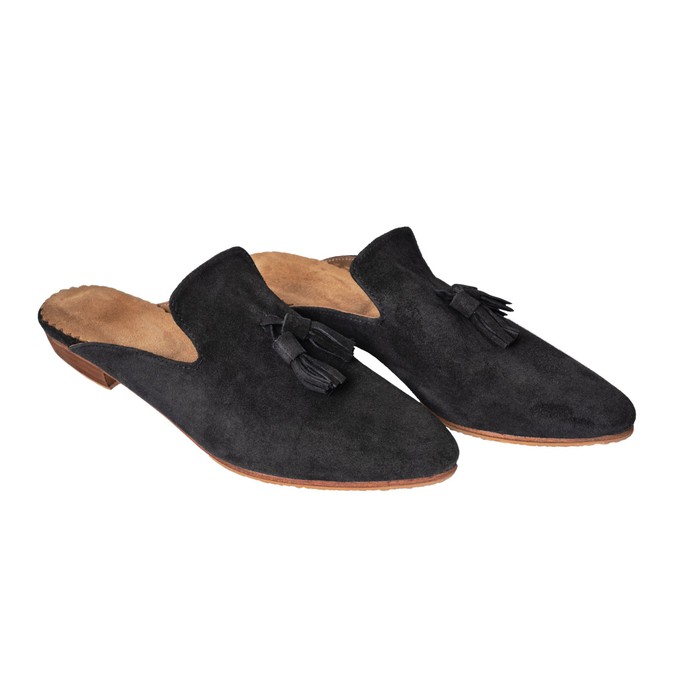Suede Leather Pompom Mules in Black from Abury
