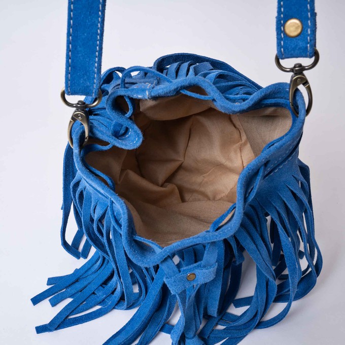 "Delia" Suede Leather Fringe Bucket Bag in Light Blue from Abury
