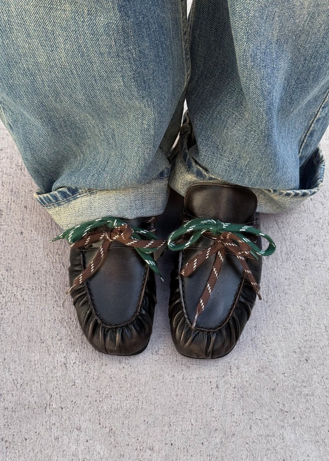 Aven Lace Vintage Effect Brown Leather Loafers from Alohas