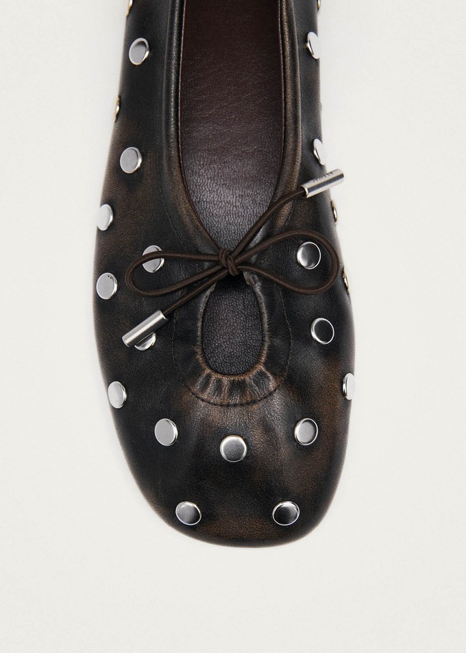 Rosalind All Studs Vintage Effect Brown Leather Ballet Flats from Alohas