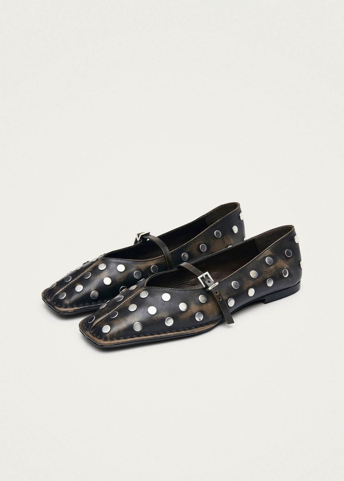 Sway All Studs Vintage Effect Dark Brown Leather Ballet Flats from Alohas