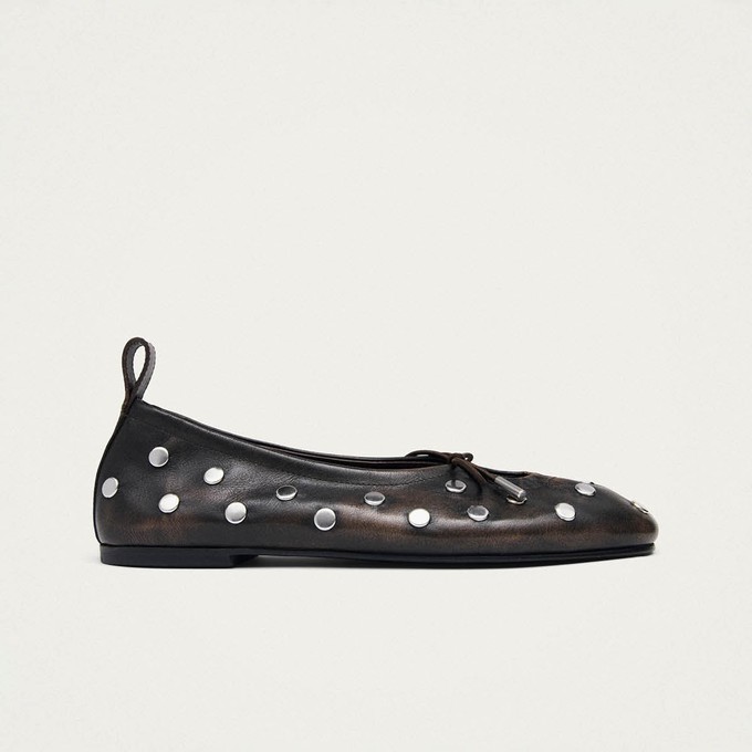 Rosalind All Studs Vintage Effect Brown Leather Ballet Flats from Alohas