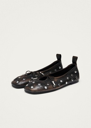 Rosalind All Studs Vintage Effect Brown Leather Ballet Flats from Alohas