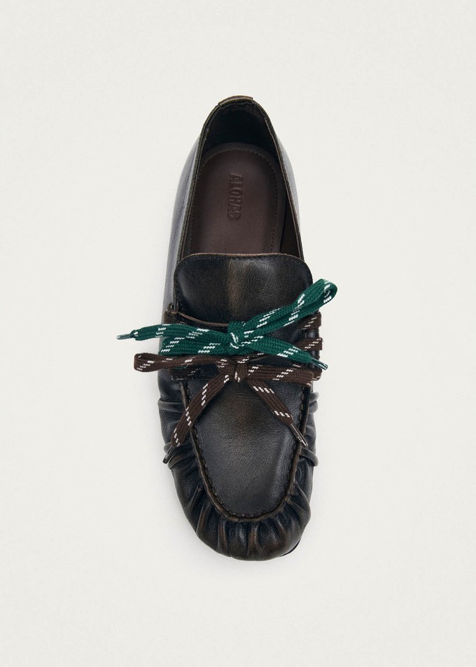 Aven Lace Vintage Effect Brown Leather Loafers from Alohas