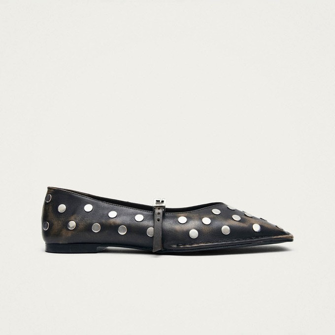 Sway All Studs Vintage Effect Dark Brown Leather Ballet Flats from Alohas