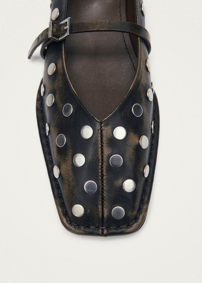Sway All Studs Vintage Effect Dark Brown Leather Ballet Flats from Alohas