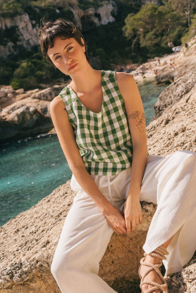 Ella pinafore linen top in Green Gingham from AmourLinen