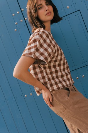 Lily oversized linen top in Mocha Gingham from AmourLinen