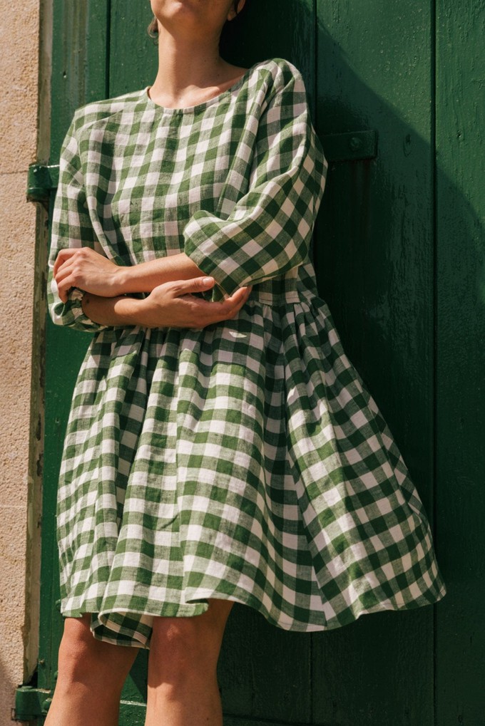 Sofia midi length linen dress in Green Gingham from AmourLinen