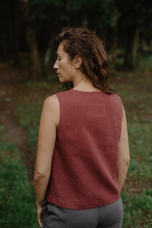 Tunis linen button vest top in Terracotta from AmourLinen