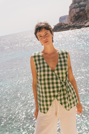 Blanca sleeveless linen wrap top in Green Gingham from AmourLinen