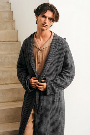 Men's linen waffle bathrobe in Charcoal from AmourLinen