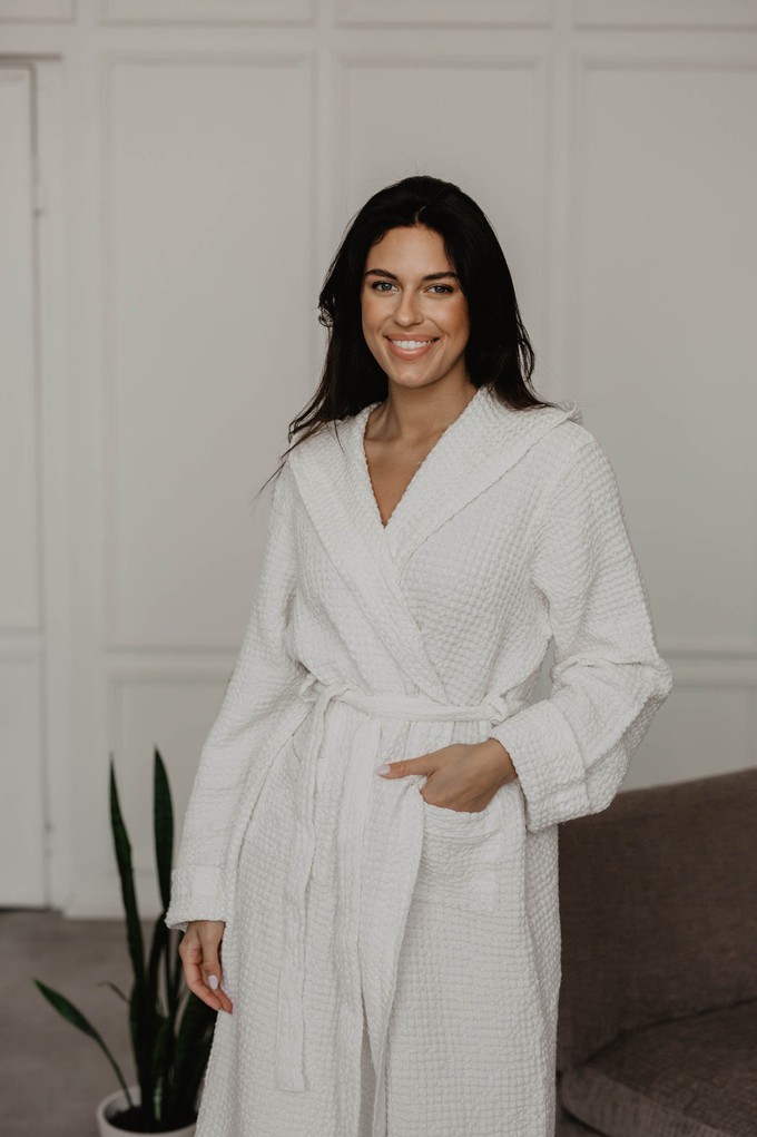 Waffle linen bathrobe Snuggle - White / Size 2 from AmourLinen