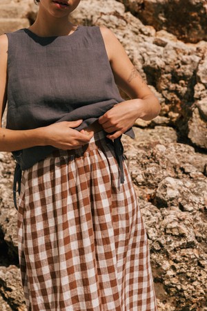 Mona maxi linen skirt in Mocha Gingham from AmourLinen
