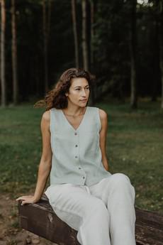 Tunis linen button vest top in Sage Green via AmourLinen