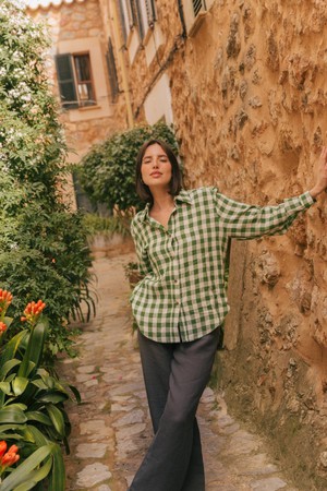 Odense casual linen shirt in Green Gingham from AmourLinen