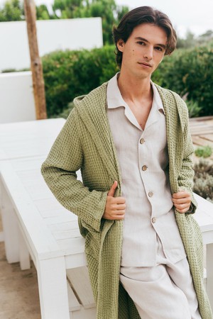 Men's waffle bathrobe in Moss Green from AmourLinen