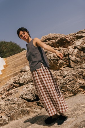 Mona maxi linen skirt in Mocha Gingham from AmourLinen