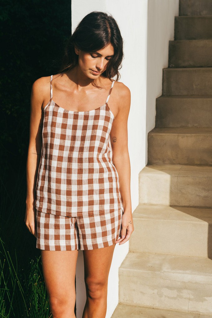 Night Owl sleeveless linen pajama set in Mocha Gingham from AmourLinen