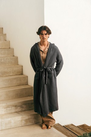 Men's linen waffle bathrobe in Charcoal from AmourLinen