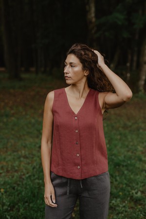 Tunis linen button vest top in Terracotta from AmourLinen