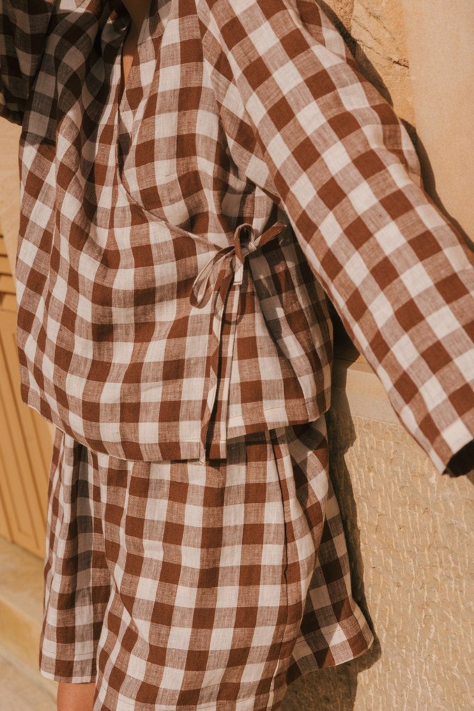 Adele linen wrap top in Mocha Gingham from AmourLinen