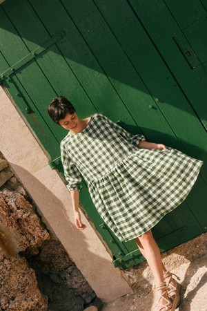 Sofia midi length linen dress in Green Gingham from AmourLinen