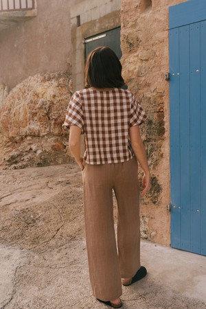 Lily oversized linen top in Mocha Gingham from AmourLinen