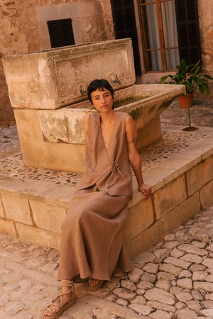 Blanca sleeveless linen wrap top in Rosy Brown from AmourLinen