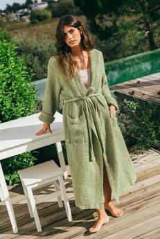 Waffle bathrobe SNUGGLE in Moss Green via AmourLinen