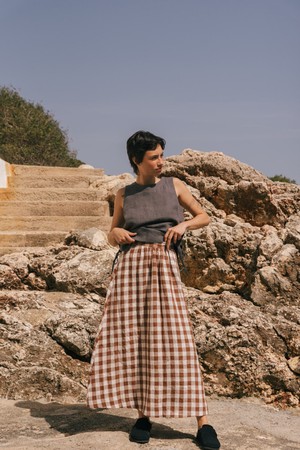 Mona maxi linen skirt in Mocha Gingham from AmourLinen