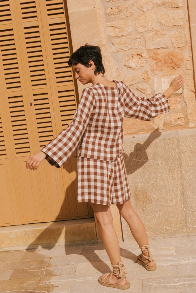 Adele linen wrap top in Mocha Gingham from AmourLinen