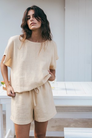 Cloud Nine short sleeve linen pajama set in Mustard from AmourLinen
