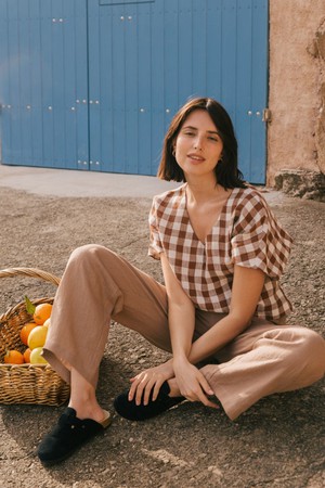 Lily oversized linen top in Mocha Gingham from AmourLinen