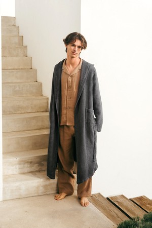 Men's linen waffle bathrobe in Charcoal from AmourLinen