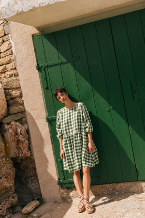 Sofia midi length linen dress in Green Gingham from AmourLinen