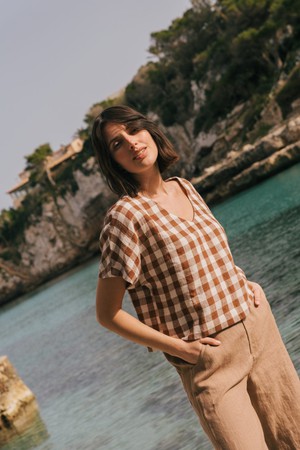 Lily oversized linen top in Mocha Gingham from AmourLinen