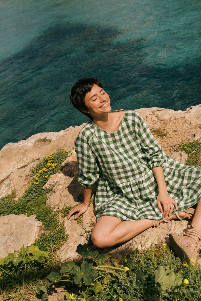 Sofia midi length linen dress in Green Gingham from AmourLinen